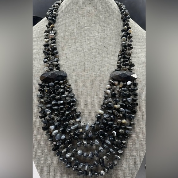 Stunning Vintage Black Banded Agate Massive Multi Strand Statement Necklace - Picture 1 of 9